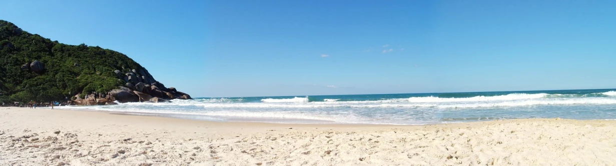 a beach is surrounded by water and green trees