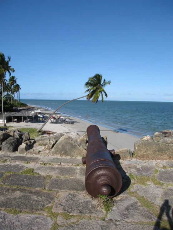 cannon laying on brick walkway near a beach