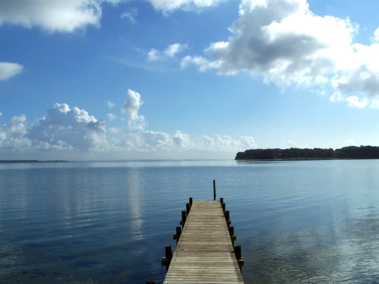 a long dock extends into the ocean, with a tree in the background