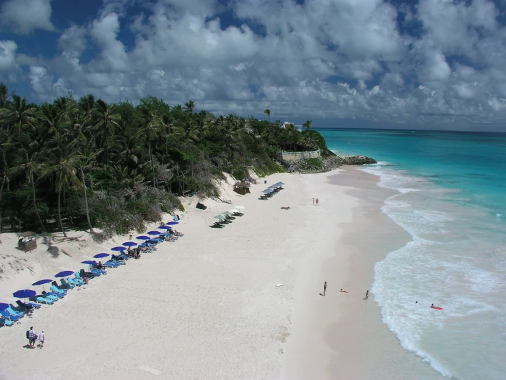 an aerial view of a sandy beach with umbrellas and palm trees