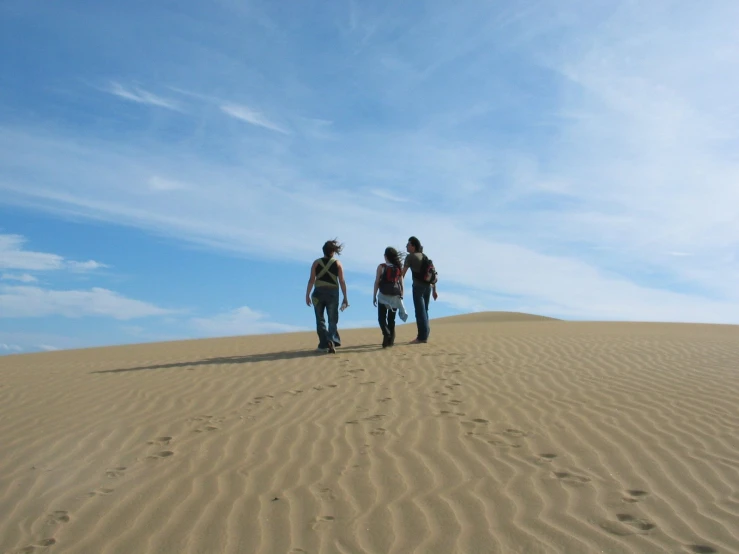 three people walking in the sand with a sky background