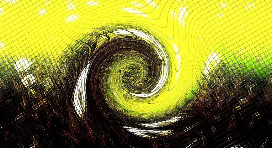 yellow and black background with a circular spiral in the center