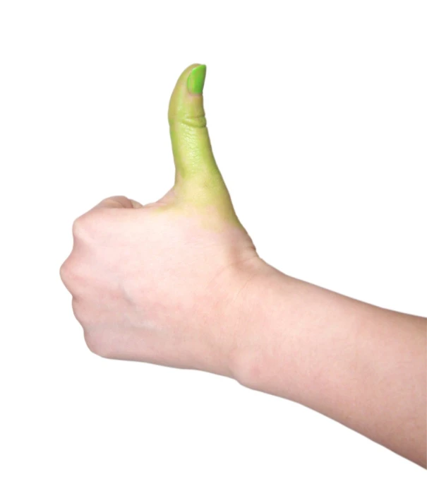 a close up of someone's hand holding up a green finger