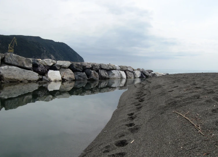 rocks and sand next to a body of water