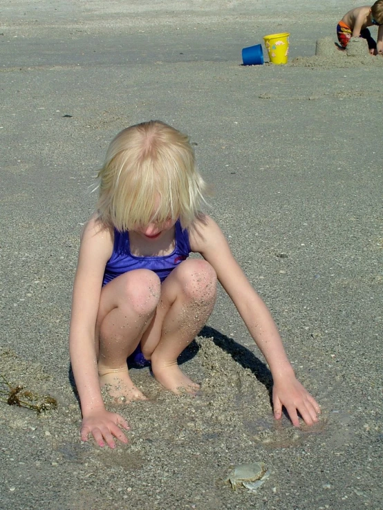 a young blonde boy is playing in the sand