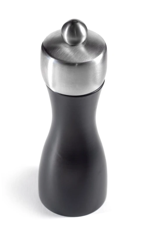 black and white po of a silver pepper mill