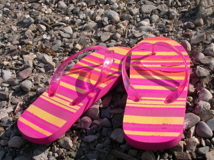 a pair of pink and yellow flip flops laying on rocks