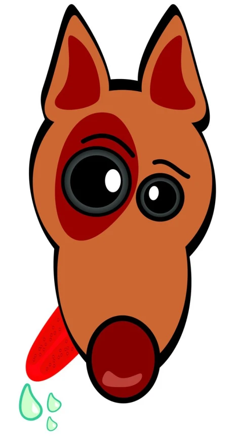 an animal head with black eyes and a red object