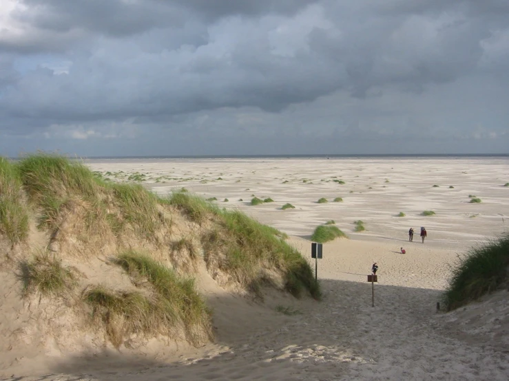 people walking in the sand on an ocean beach