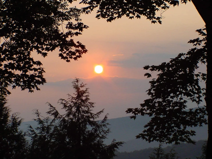 a sunset in the distance with some trees