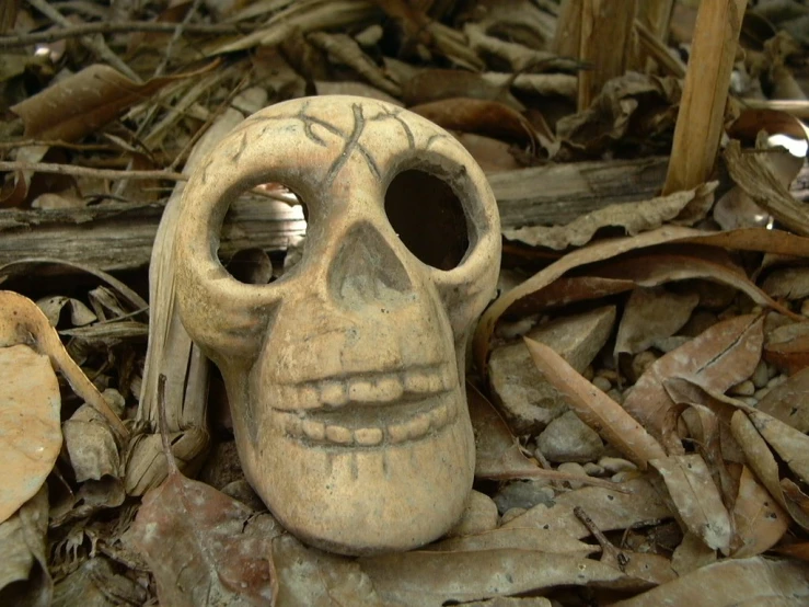 two different types of carved rocks and one type of face