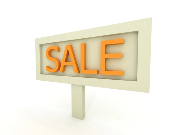 a sale sign in orange that is standing on a white background