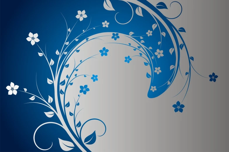 a blue background with swirly flowers on it