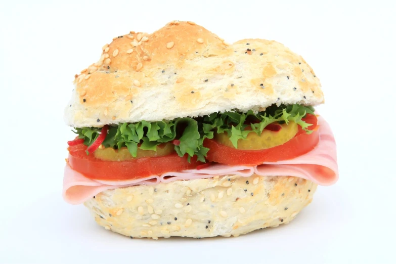 a sandwich on a bun with toppings on a white background