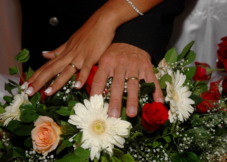 a couple is touching each other on a wedding day