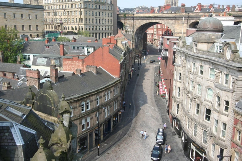 an overview of a city from above, with cars and people