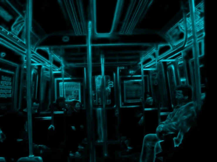 a bus filled with passengers covered in blue light