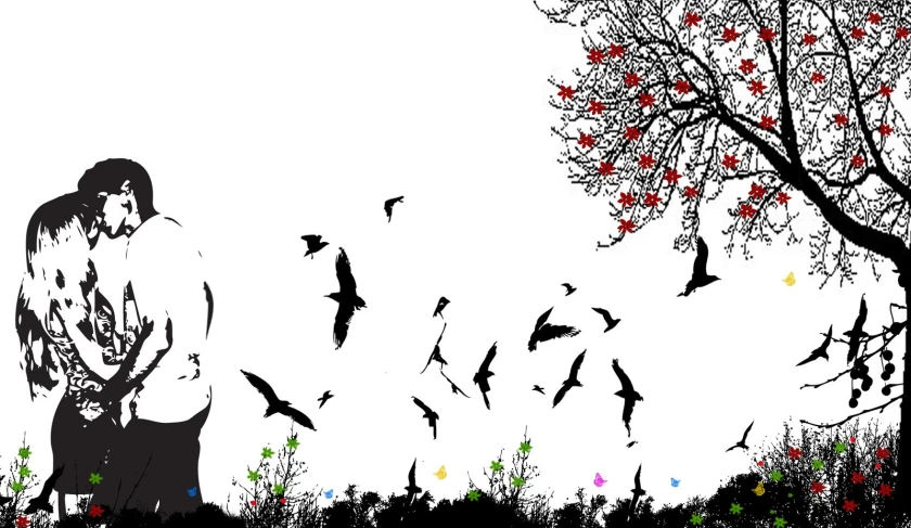 birds flying over a tree with leaves