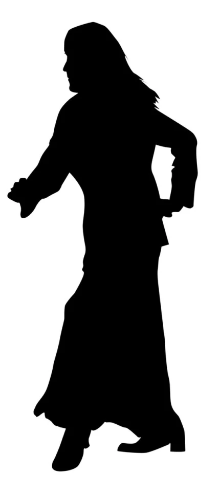 the silhouette of a woman in a long dress