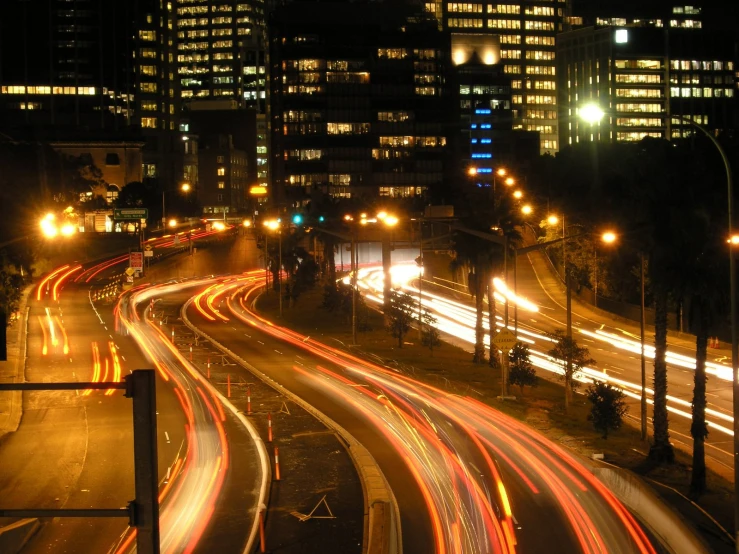 traffic light trails and tall buildings at night