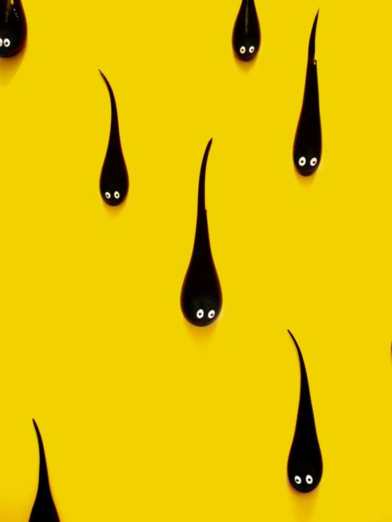 black drops on yellow background with eyes that are black