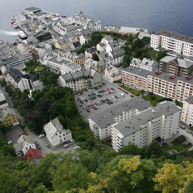 a scenic city in norway with houses surrounded by wooded trees