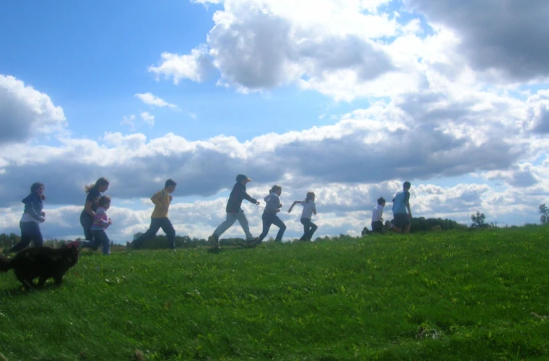 children and an adult walking in the grass together