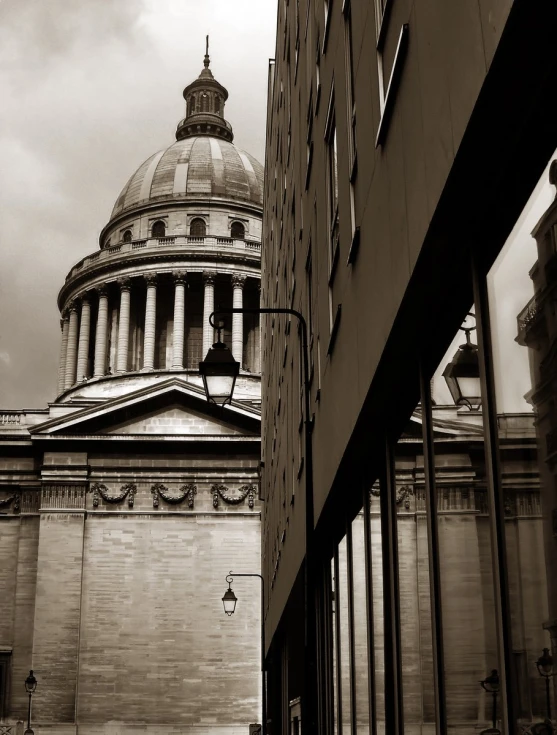 black and white image of a building from the street