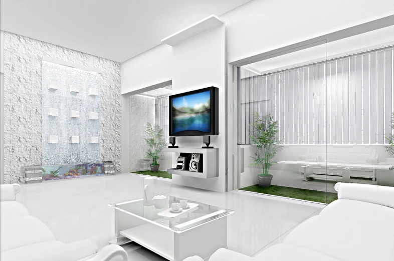 this is a contemporary white living room with large windows and a flat screen tv