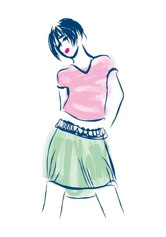 a drawing of a girl in a pink shirt and green skirt