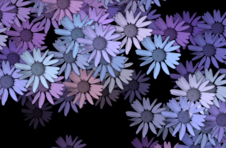 there are many purple and pink flowers in the picture