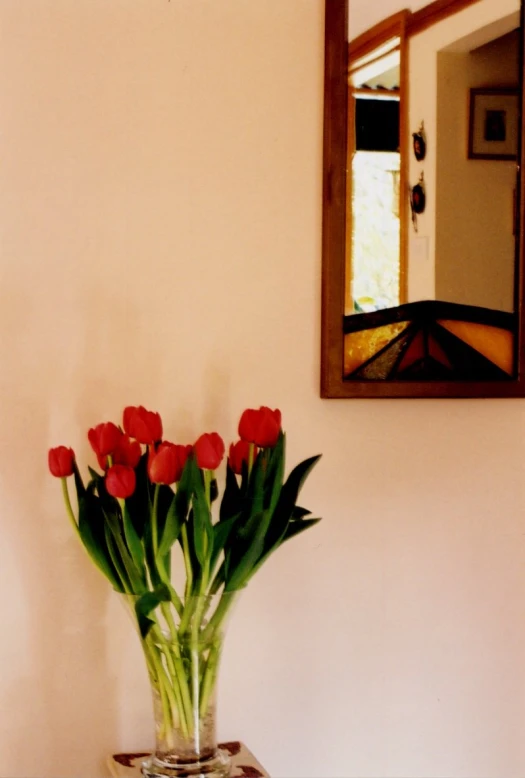 a vase filled with red flowers in front of a mirror