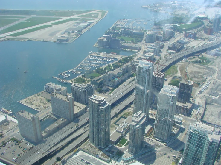 an aerial view of a city with several buildings