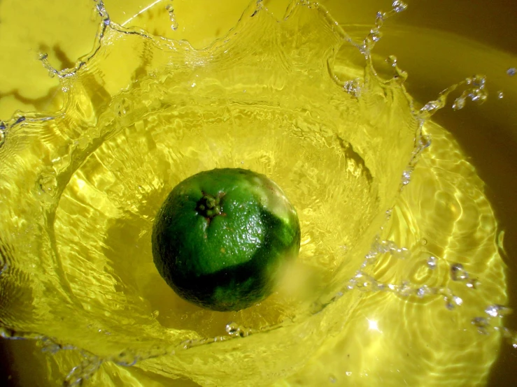 a green apple is in a yellow water bowl