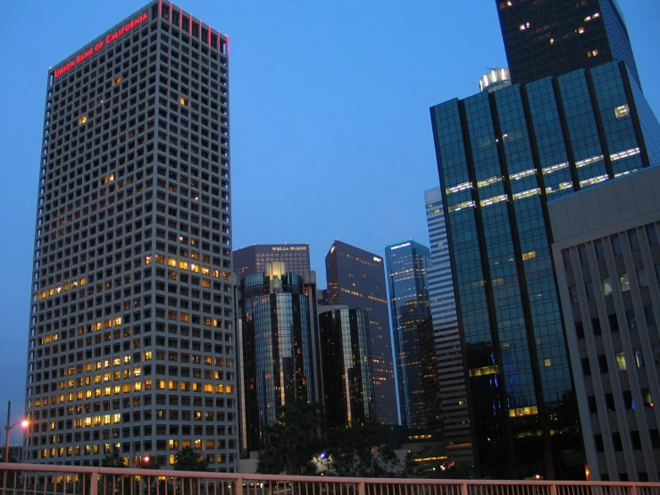 a skyline with many different buildings lit up