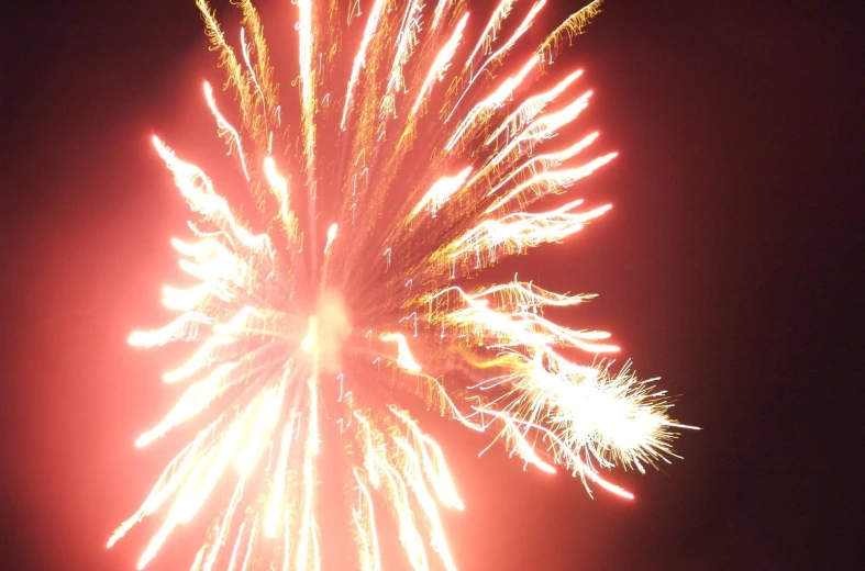 bright fireworks exploding into the air on top of a red sky