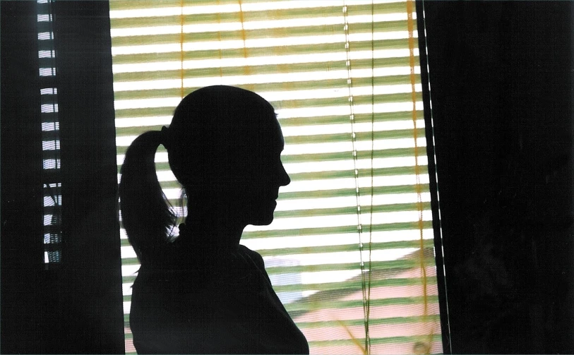 a silhouette of a person against a window with blinds