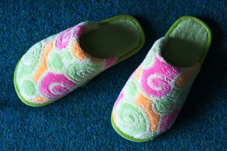 a pair of colorful shoes sit on the carpet