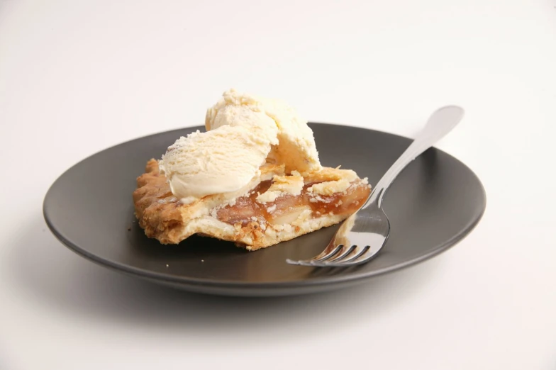 a small piece of pie with ice cream on top on a plate