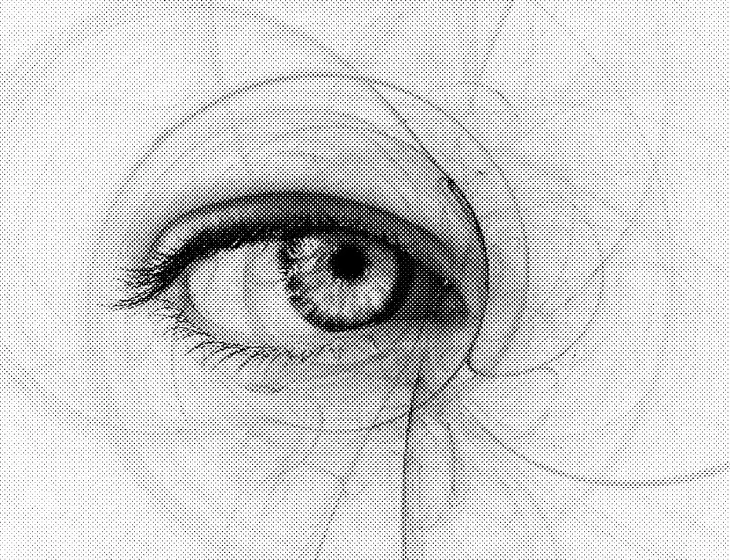 an eye is depicted through black and white papers