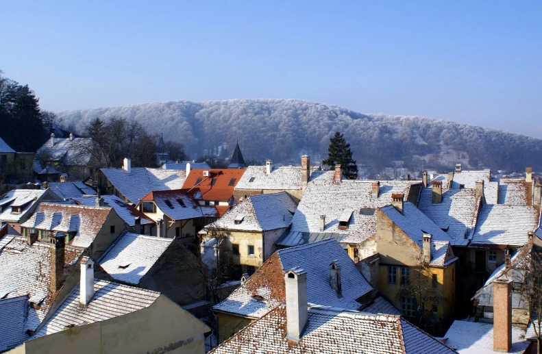 rooftops covered in snow at the base of a mountain