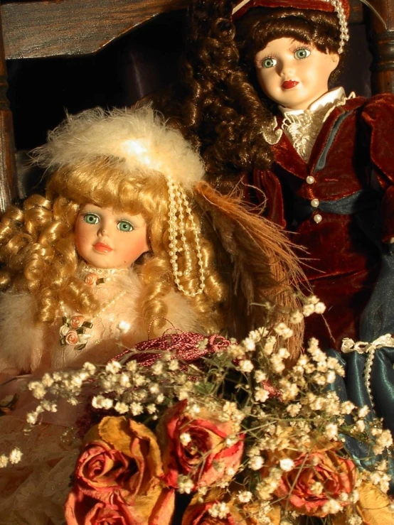two dolls with long blonde hair wearing red and blue dress clothing