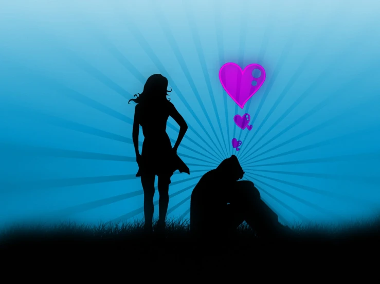 a man and woman in silhouette with a heart shaped balloon over them