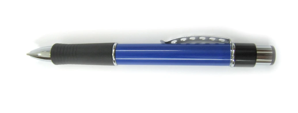 a blue fountain pen with black cap on top