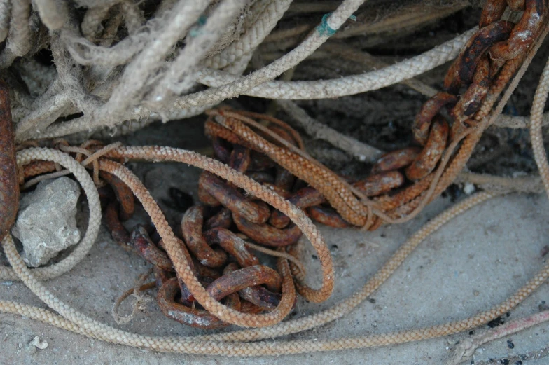 an assortment of old rope and rust laying on the ground