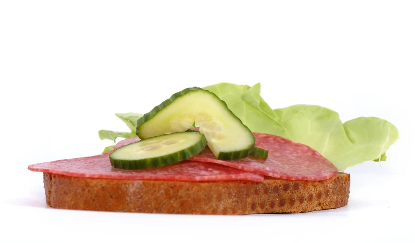 a plate with meat, cucumber and lettuce