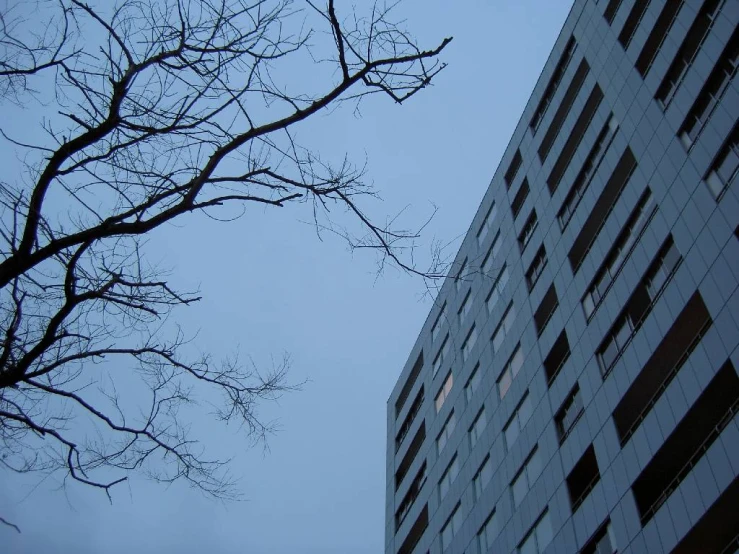 a very tall building near some trees on a cloudy day