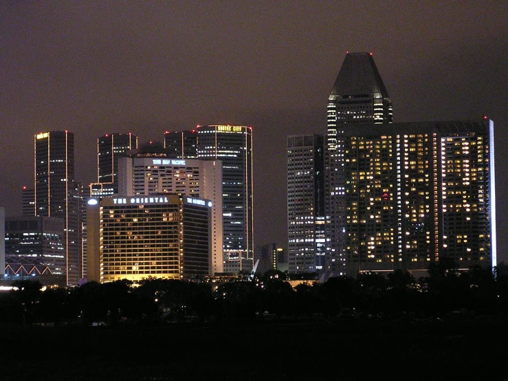 a view of some very tall buildings at night