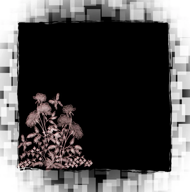 black square background with green plants and flowers