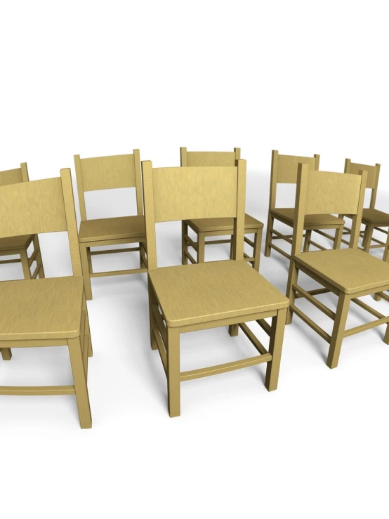 a variety of chairs arranged in a row on white background